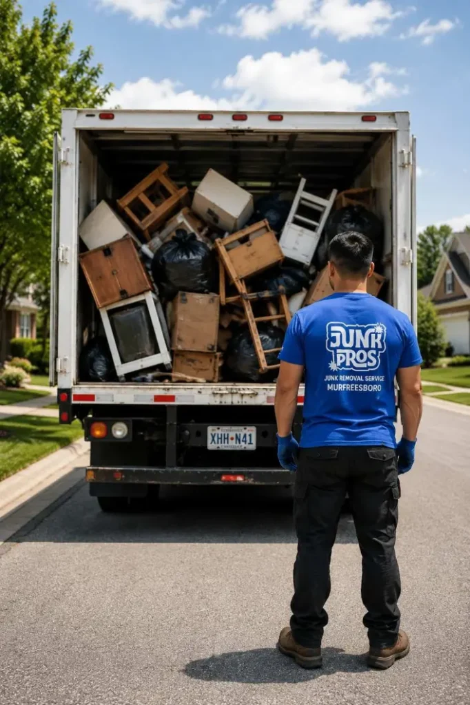 Home 2 junk pros worker standing infront of junk loaded truck